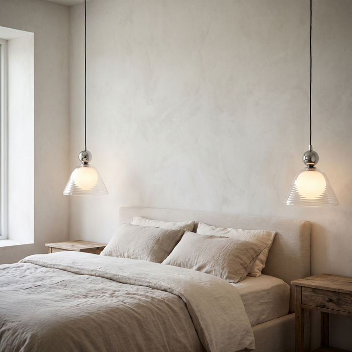 A pair of Hedda pendant lights hung over the nightstand either side of a linen bed