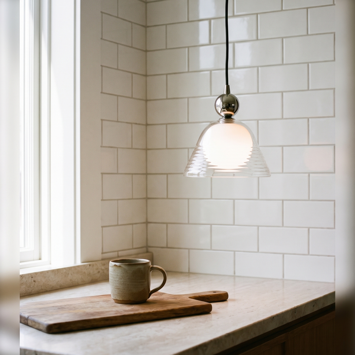 Hedda kitchen pendant light lighting a marble counter corner with white subway tile behind