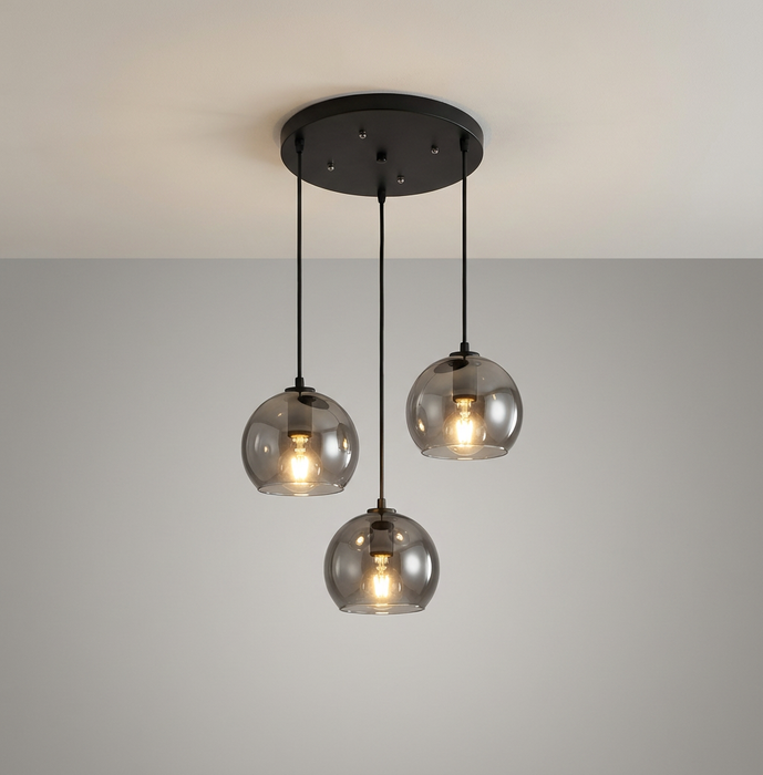 Anele - Modern Glass Pendant Light BO-HA 3 Heads Round Smoke Grey