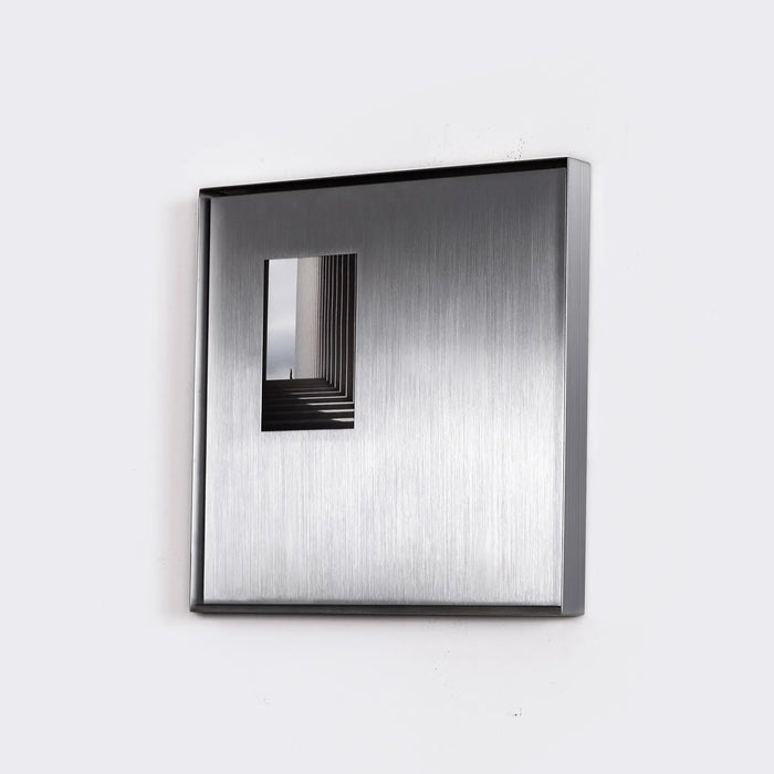 Selma metal wall art, Offset composition – window set high and left on the brushed steel panel