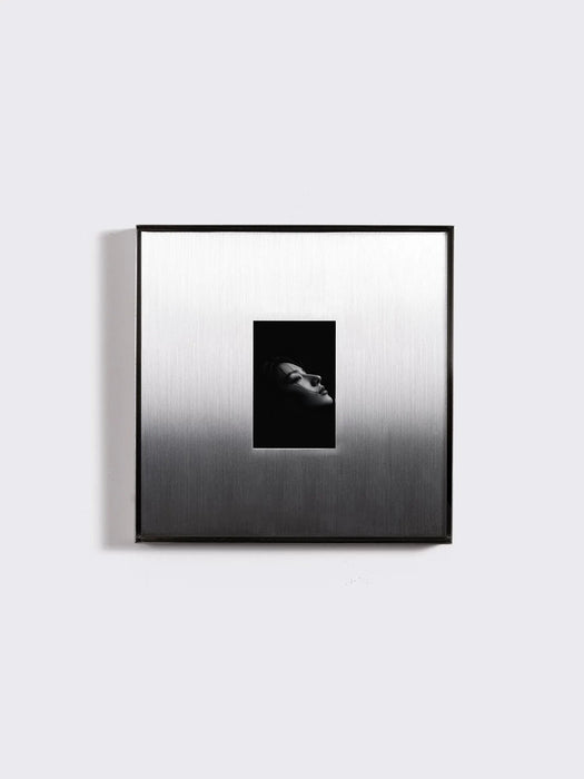 Detail of the brushed stainless steel surface and recessed window on the Selma wall art panel