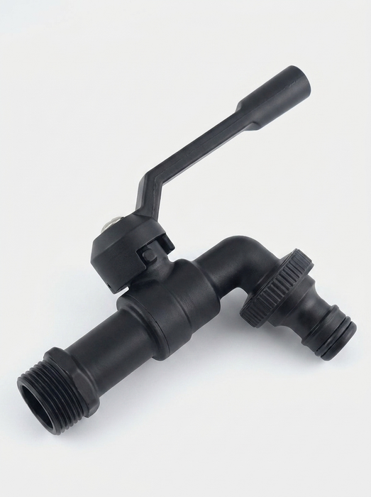 Skade – black outdoor garden faucet detail view – single-outlet bibcock with lever handle and hose barb