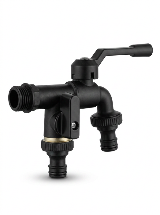 Skade – dual-outlet black brass bibcock angled view – two hose barbs for garden hose and washing machine feed