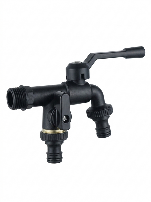 Skade – dual-outlet black garden hose faucet with two hose barbs – anti-freeze outdoor bibcock