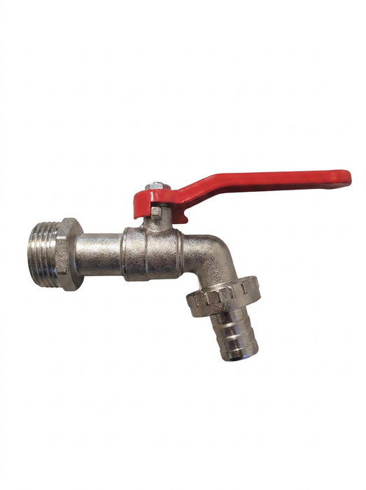 Skade Silver – zinc alloy outdoor garden faucet, single-outlet bibcock with red lever handle, 3/4 inch