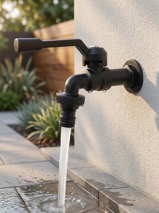Skade – black outdoor garden faucet mounted on a stucco garden wall with water flowing onto stone paving