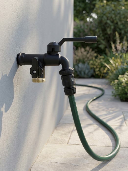 Skade – dual-outlet black bibcock on outdoor stucco wall with green hose – garden hose faucet for washing machine and hose use