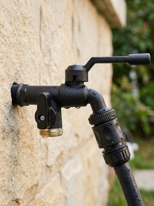 Skade – dual-outlet black outdoor faucet on textured stone garden wall with hose attached, waterdrops on brass
