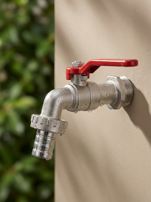 Skade Silver – chrome zinc alloy garden faucet mounted on a beige outdoor wall with greenery – single-outlet outdoor tap