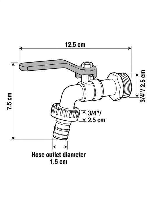 Skade Silver – single-outlet zinc alloy garden faucet dimensions – 12.5cm length, 7.5cm height, 3/4 inch inlet and outlet, 1.5cm hose barb