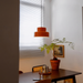 Sunna orange Bauhaus pendant hanging low over a dark wood dining table beside venetian blinds, a potted fern and a cane chair