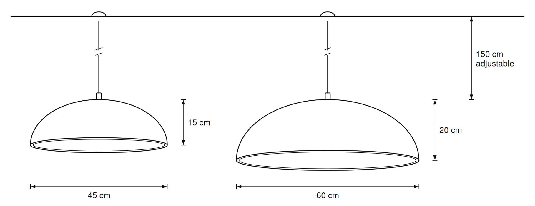 Iben macaron dome pendant light size guide — 45 cm (15 cm high) and 60 cm (20 cm high), 150 cm adjustable cord
