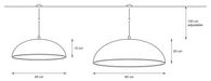 Iben macaron dome pendant light size guide — 45 cm (15 cm high) and 60 cm (20 cm high), 150 cm adjustable cord