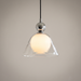 Hedda small glass pendant light seen straight on, a polished chrome ball above a clear ribbed glass bell